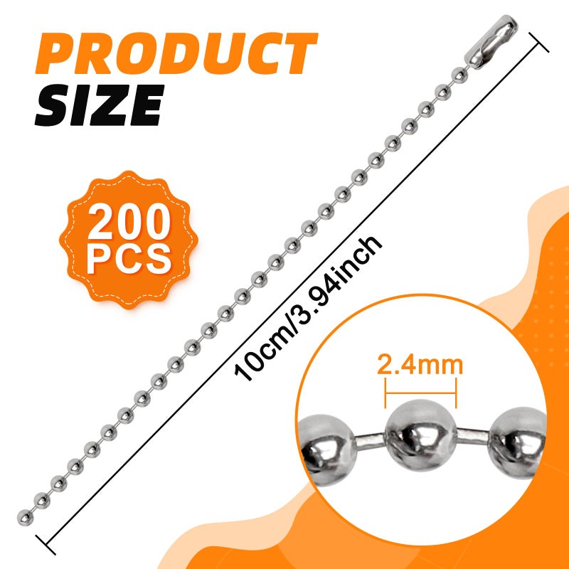 Hapy Shop 200 pcs 100 mm Long Bead Connector Clasp Ball Chains Keychain Tag Keychain Ball Chain 2.4 mm Diameter Adjustable Antiqued Metal Bead Steel Chain - Image 2